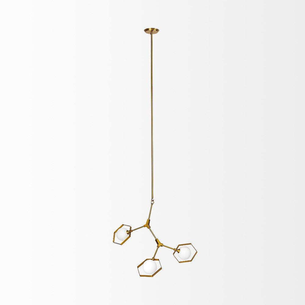 Modern gold pendant light with three geometric bulbs.