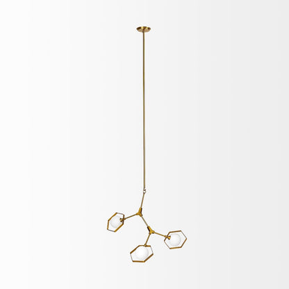 Modern gold pendant light with three geometric bulbs.