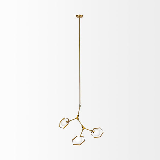 Modern gold pendant light with three geometric bulbs.