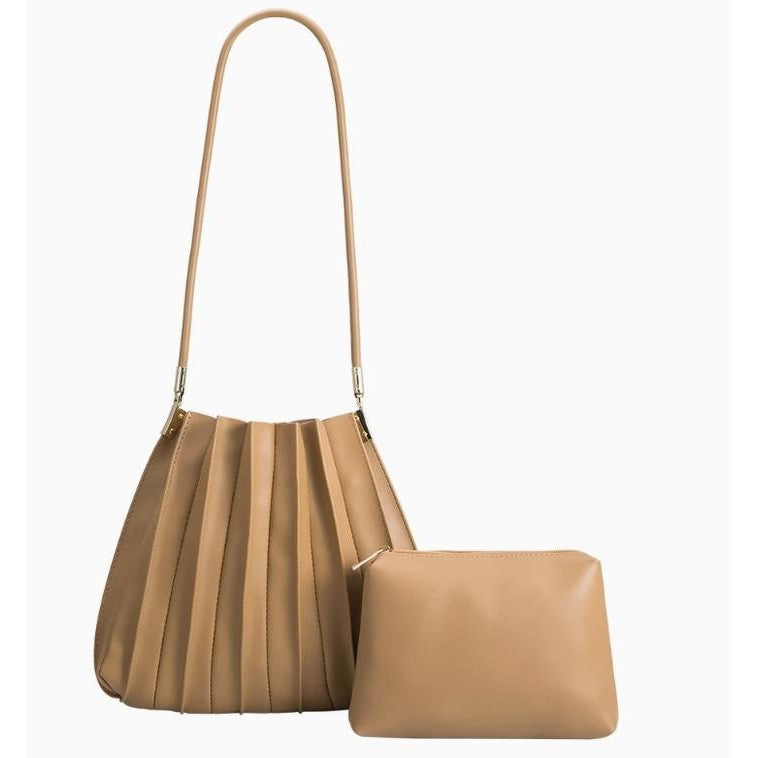 Tan pleated handbag with a matching pouch.