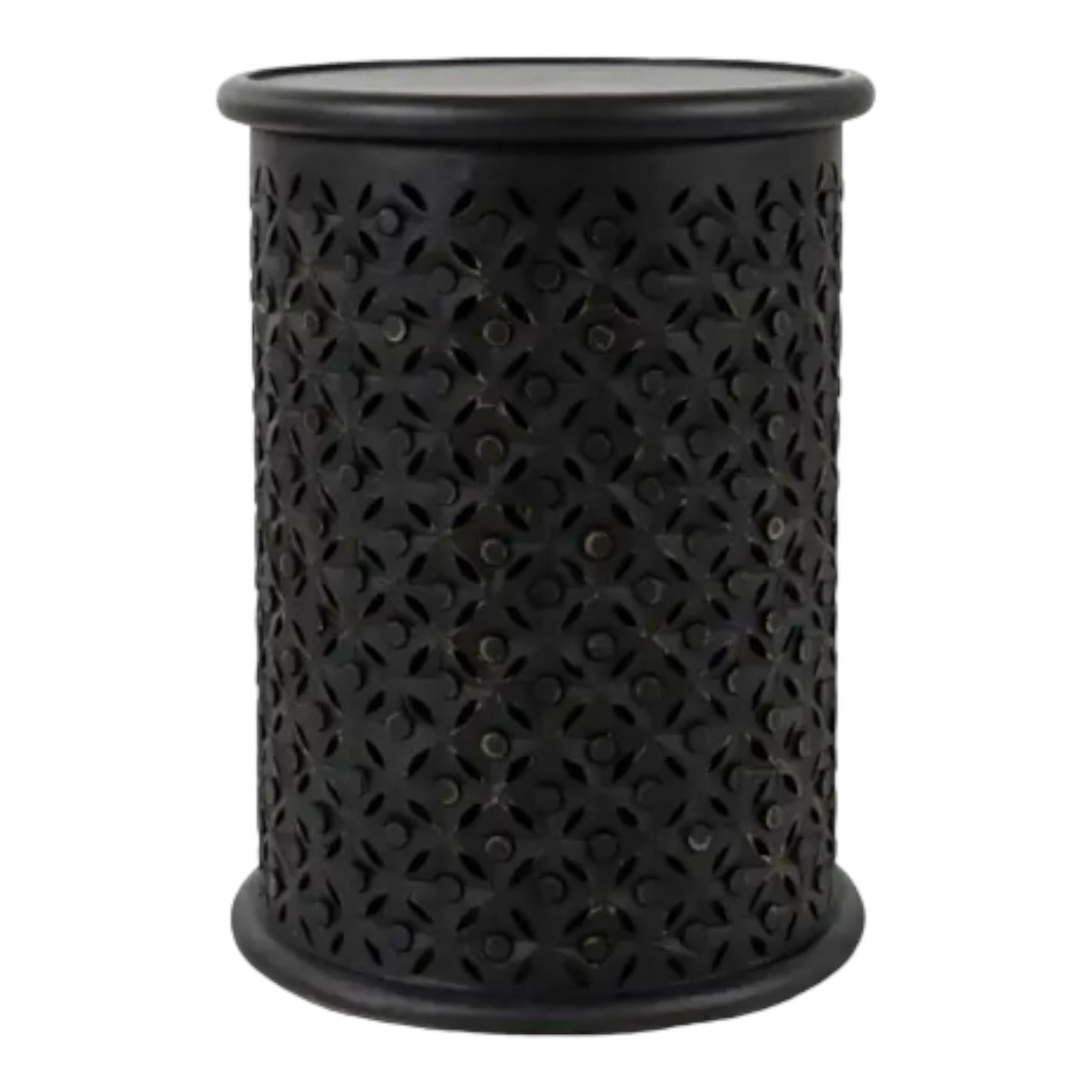 Black cylindrical container with a floral cut-out design.