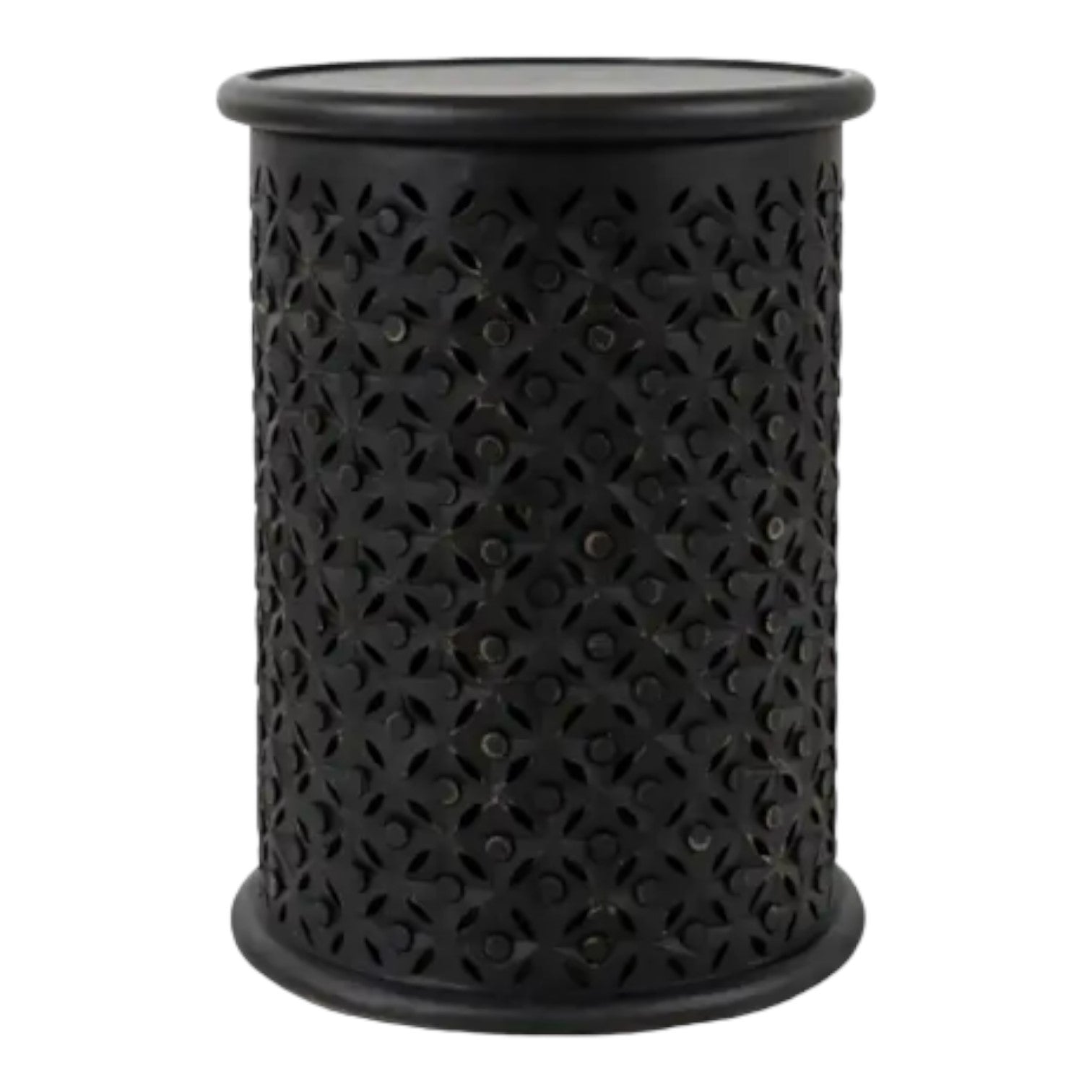 Black cylindrical container with a floral cut-out design.