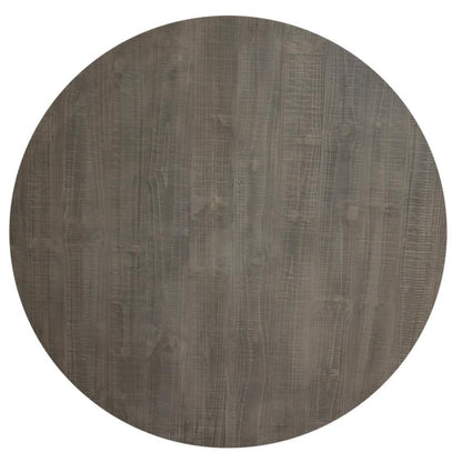 Round wooden table top with a textured surface.