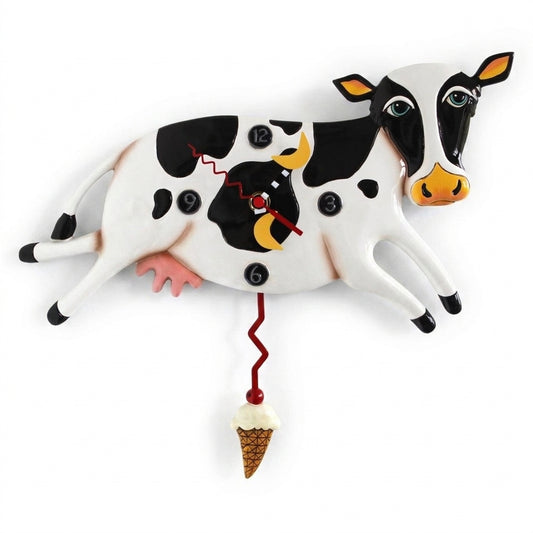 Cow-shaped clock with ice cream pendulum.