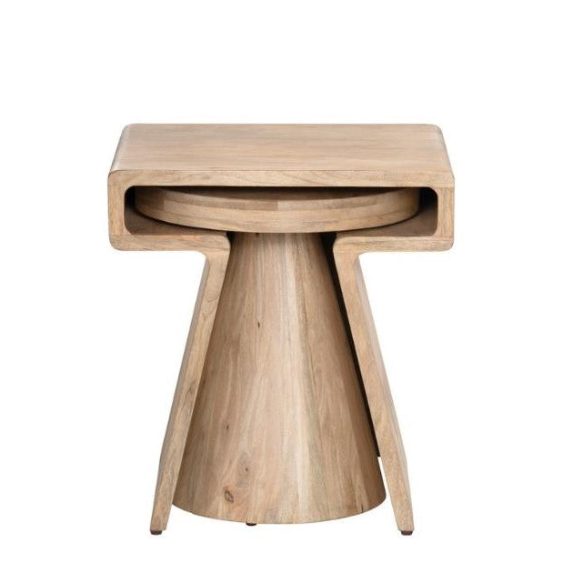Wooden side table with a unique, modern geometric design.