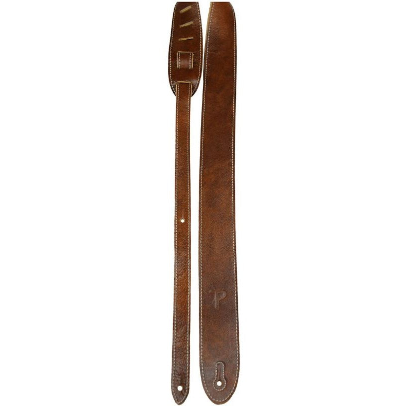 Brown leather guitar strap with adjustable length and stitching details.