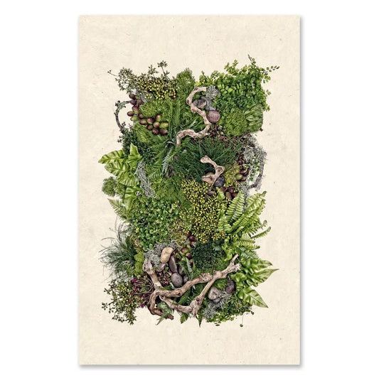 A vertical arrangement of lush green foliage and branches on a beige background.
