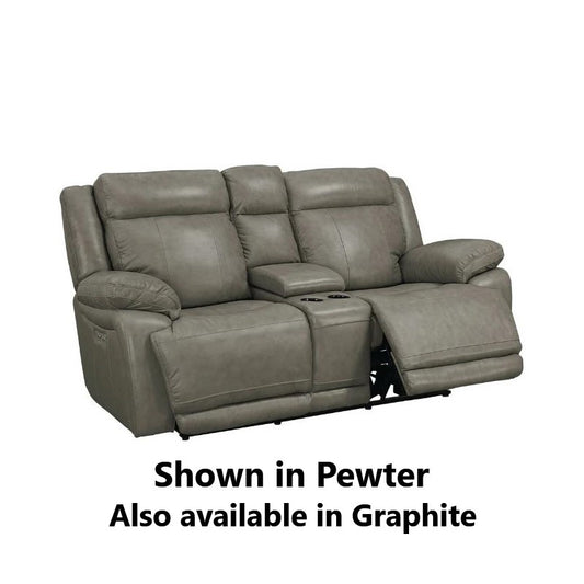 Pewter reclining loveseat with console, alternate in Graphite.