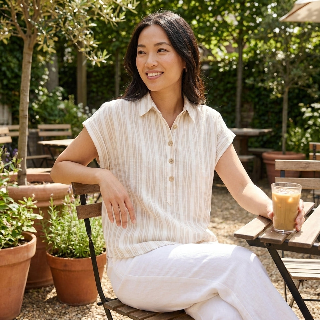 Woman enjoying iced coffee in a sunny garden setting.