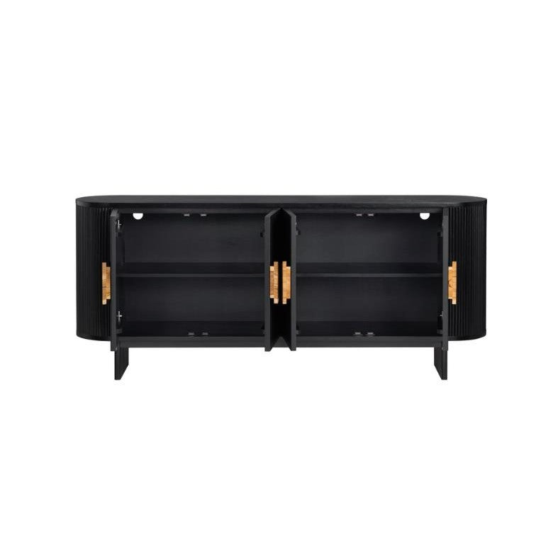 Black cabinet with four open doors and golden handles.