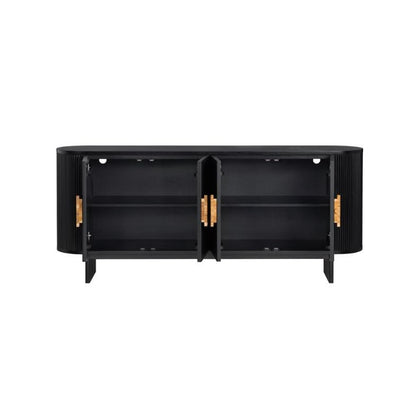 Black cabinet with four open doors and golden handles.