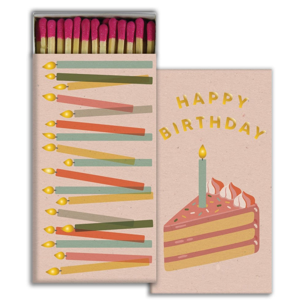 Box of matches with illustrated candles and birthday cake design.