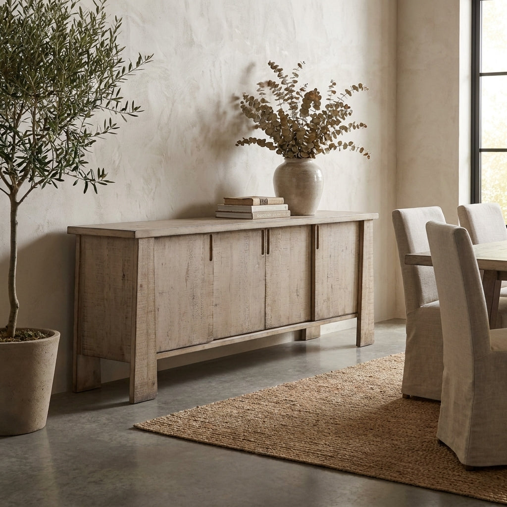 Rustic dining area with sideboard, vase, and woven rug.