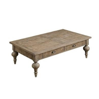 Wooden coffee table with drawers and ornate legs.