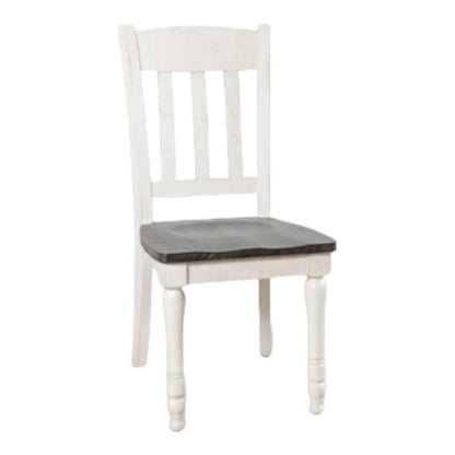 Wooden chair with a white frame and dark seat.