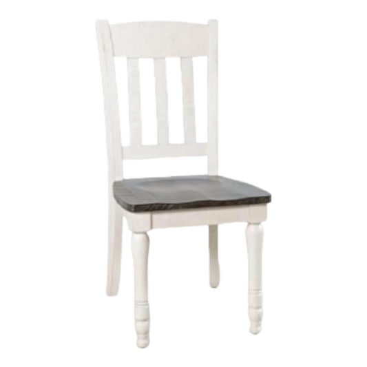 Wooden chair with a white frame and dark seat.