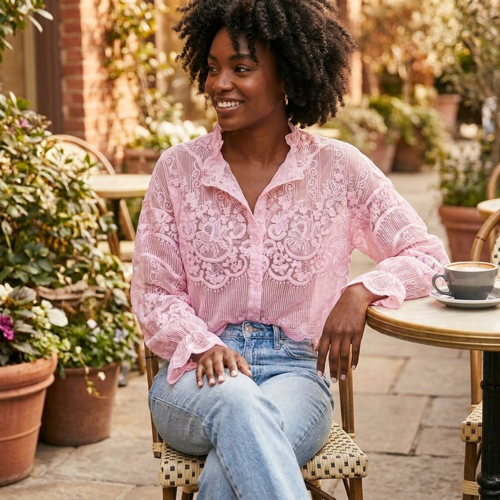 Woman in pink lace top, sitting at outdoor cafe table with a coffee.