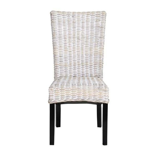 Woven chair with dark legs and a tall back.