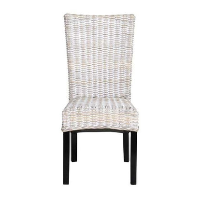 Woven chair with dark legs and a tall back.