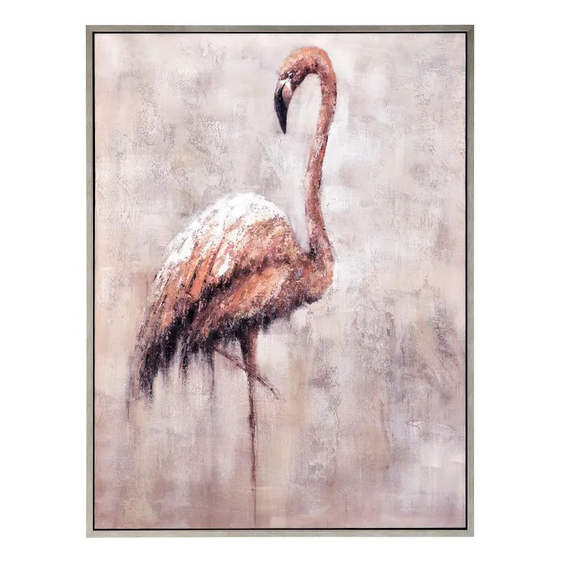 Artistic portrayal of a flamingo against a pale, textured background.