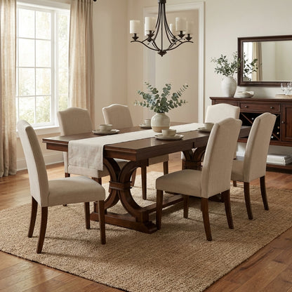 Elegant wooden dining table with carved pedestal base.