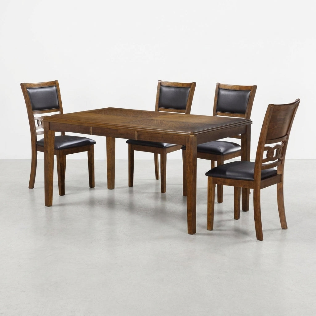 Wood dining set with four chairs and black cushioned seats.