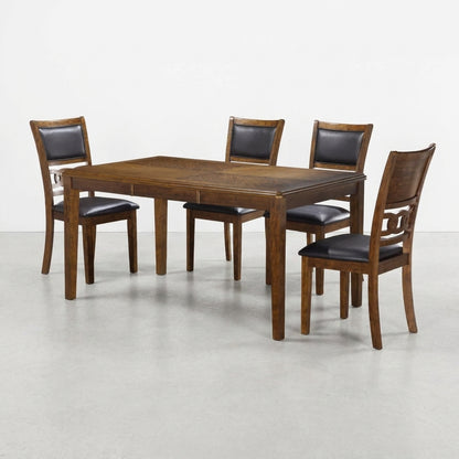 Wood dining set with four chairs and black cushioned seats.