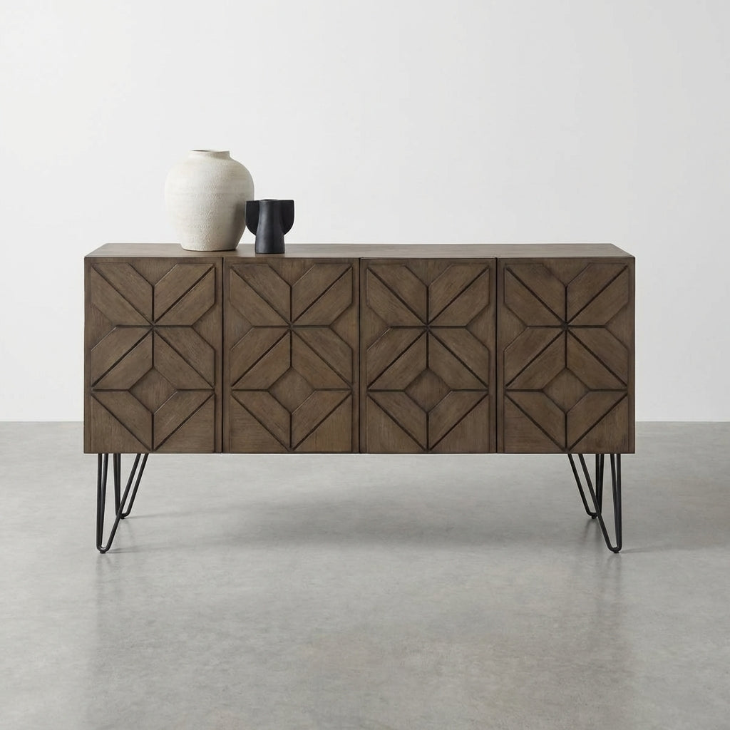 Wooden sideboard with open cabinet doors and metal legs.