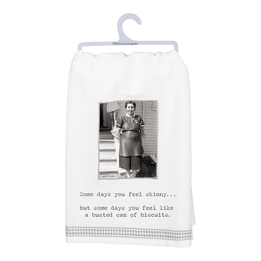 White towel with a vintage photo and humorous text about body image.