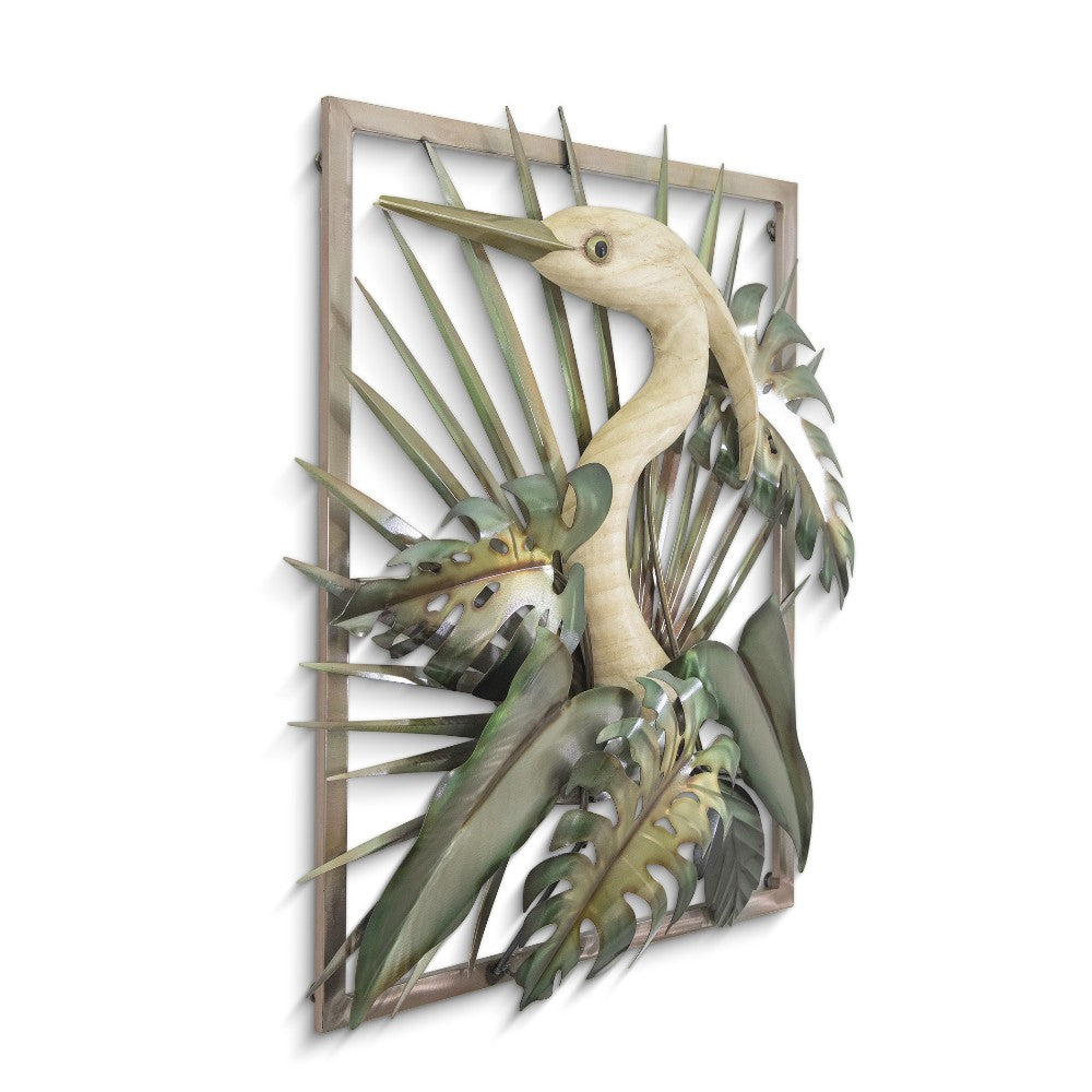 3D bird artwork with tropical leaves in a frame.