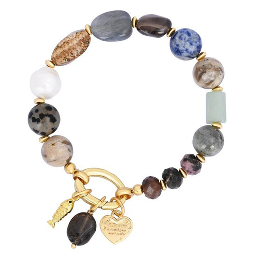 Colorful beaded bracelet with gold charms.