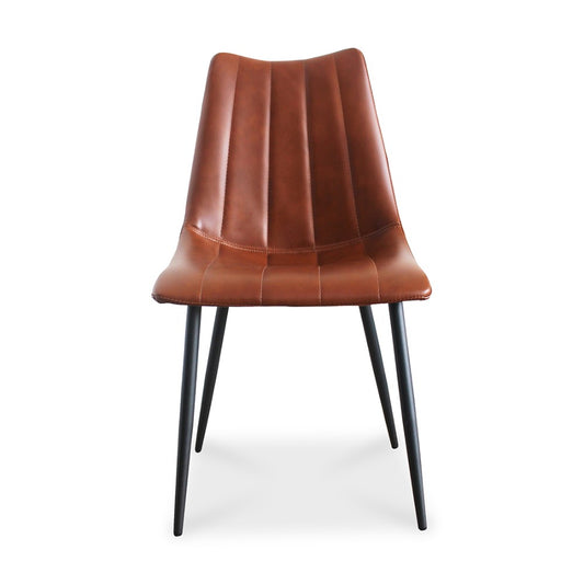 Modern brown leather chair with black legs.
