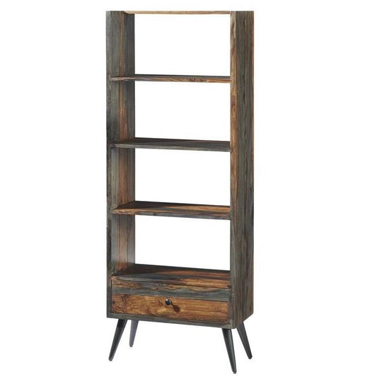 Wooden bookshelf with four shelves and a drawer on angled legs.