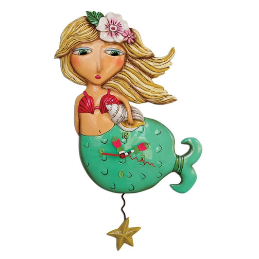Mermaid wall clock with colorful design and starfish pendulum.