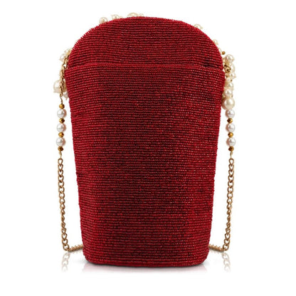 Elegant red beaded handbag with pearl-accented gold chain strap.