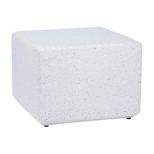 White speckled cube-shaped ottoman on small feet.