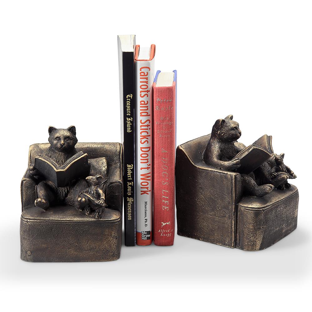 Bear bookend statues reading, holding books upright.