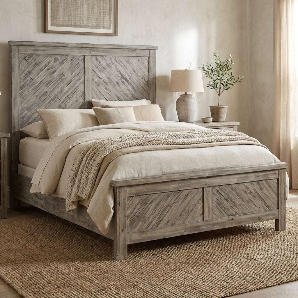 Rustic wooden bed frame with diagonal panel design.