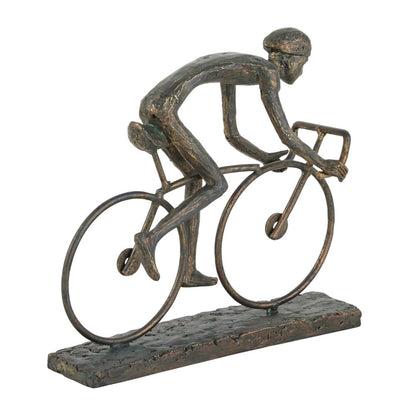 Bronze sculpture of a cyclist in motion.