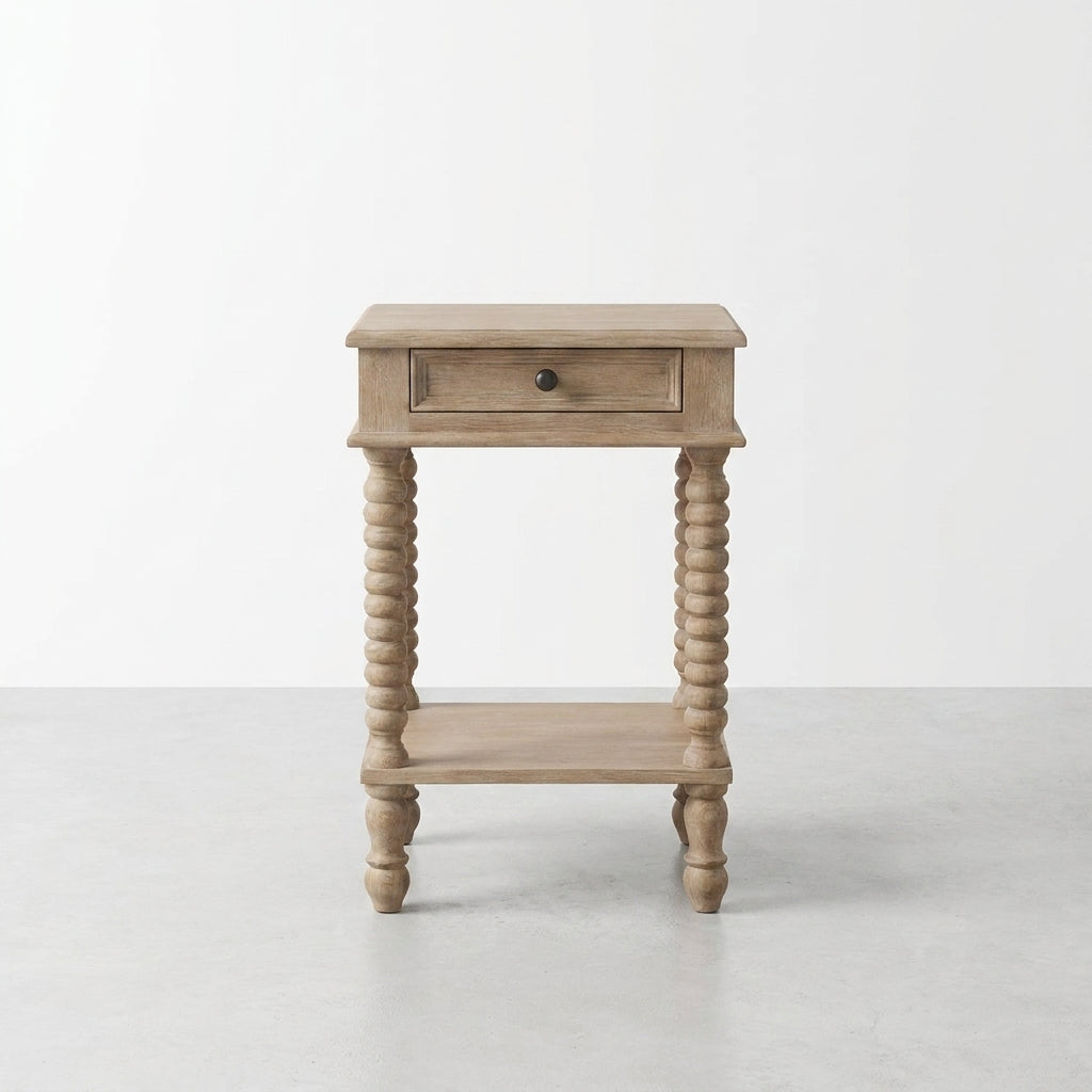 Wooden side table with twisted legs and a drawer.
