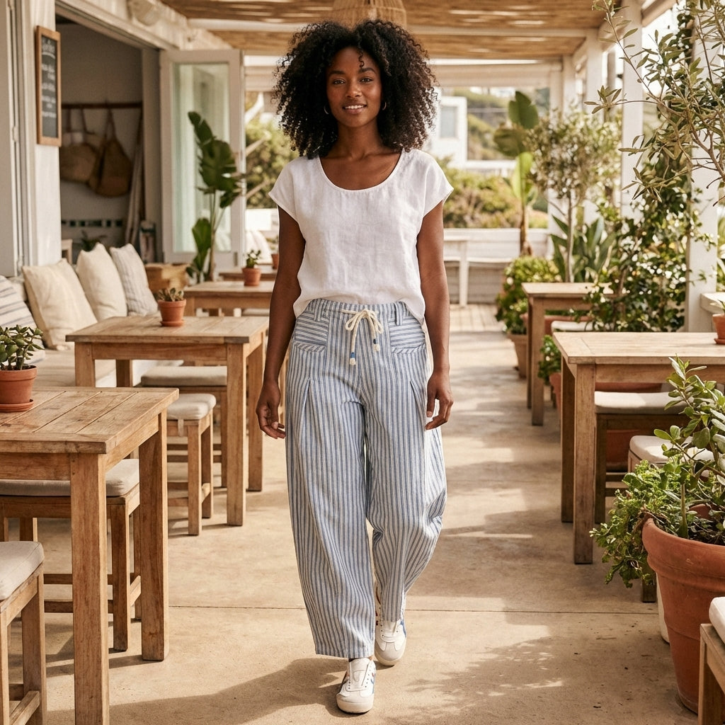 Woman in casual attire walking in a sunlit, plant-filled patio.
