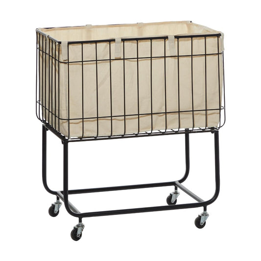 Metal laundry cart with canvas liner and wheels.