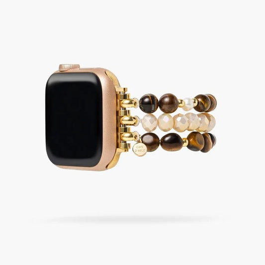 Gold smartwatch with a beaded bracelet strap.