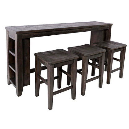 Dark wood bar table set with three matching stools.