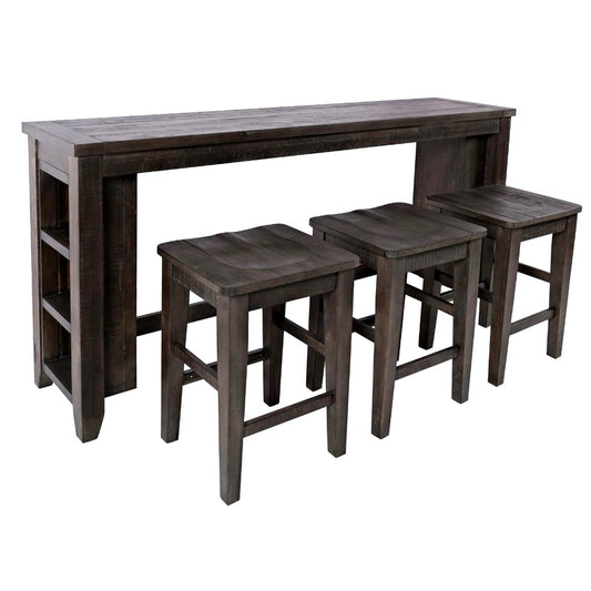 Dark wood bar table set with three matching stools.