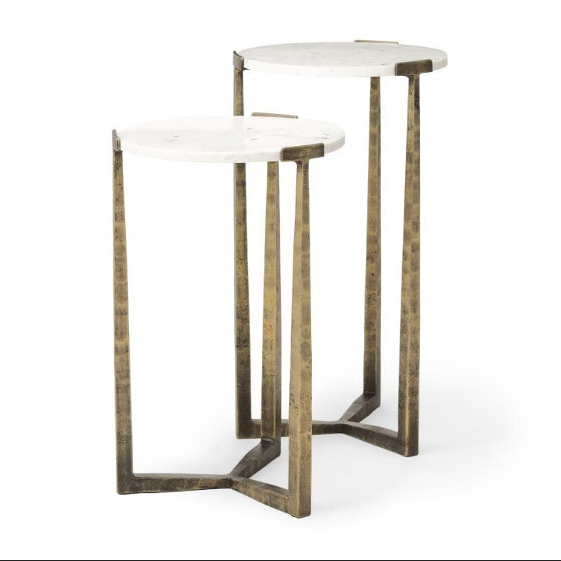 Two nesting tables with marble tops and bronze legs.