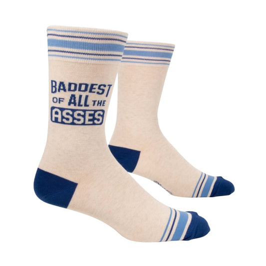 Cream socks with blue accents and bold text.