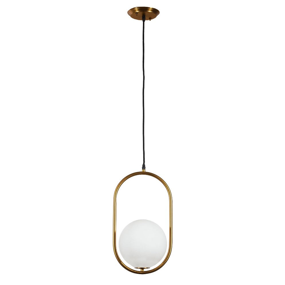 Modern pendant lamp with a gold frame and white spherical bulb.