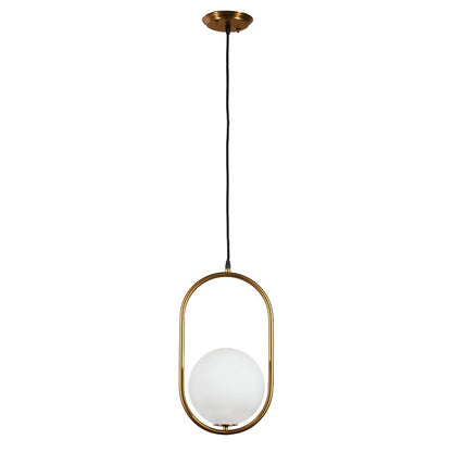 Modern pendant lamp with a gold frame and white spherical bulb.