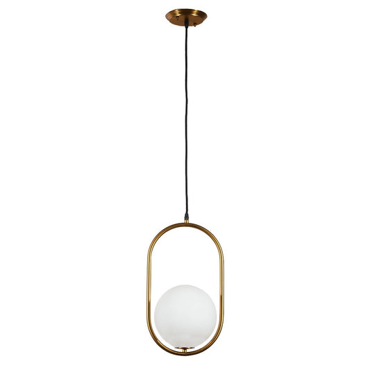 Modern pendant lamp with a gold frame and white spherical bulb.